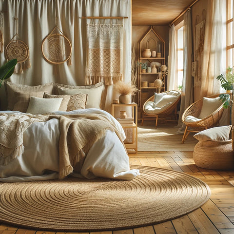 Warm and inviting eco-chic bedroom showcasing organic cotton bedding, a hemp area rug, linen curtains, and bamboo furniture, emphasizing natural and sustainable textiles.