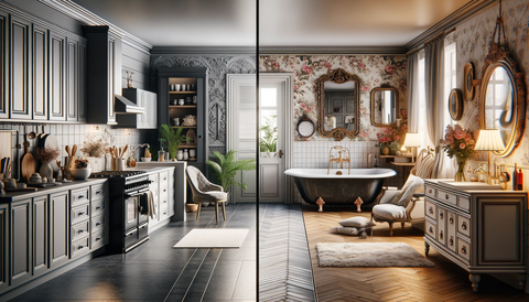 Contrasting home decor styles: Modern kitchen with sleek appliances and minimalist design on the left, and Vintage bathroom with classic clawfoot tub and ornate fixtures on the right, perfect for interior design ideas and home renovation inspiration