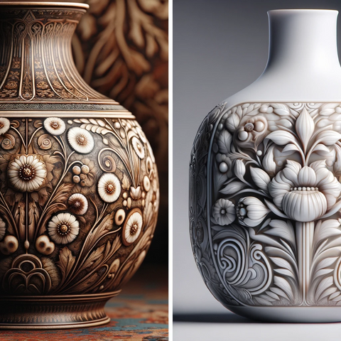 Side-by-side comparison of modern and vintage vases: The left shows a sleek, minimalist modern vase in a bright color, and the right features an ornate vintage vase with floral patterns and intricate earthy tones, perfect for home decor enthusiasts and interior design inspiration.