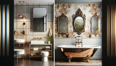 Side-by-side bathroom design comparison: Modern bathroom with sleek fixtures and neutral palette on the left, and Vintage bathroom with clawfoot tub and ornate details on the right, ideal for home renovation and interior design inspiration