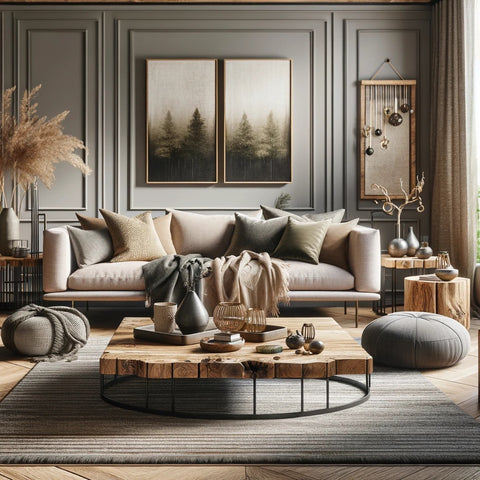 Elegant eco-chic living room featuring a reclaimed wood sofa and coffee table, natural fiber rug, and recycled material decor accents, with sustainability certification marks visible.
