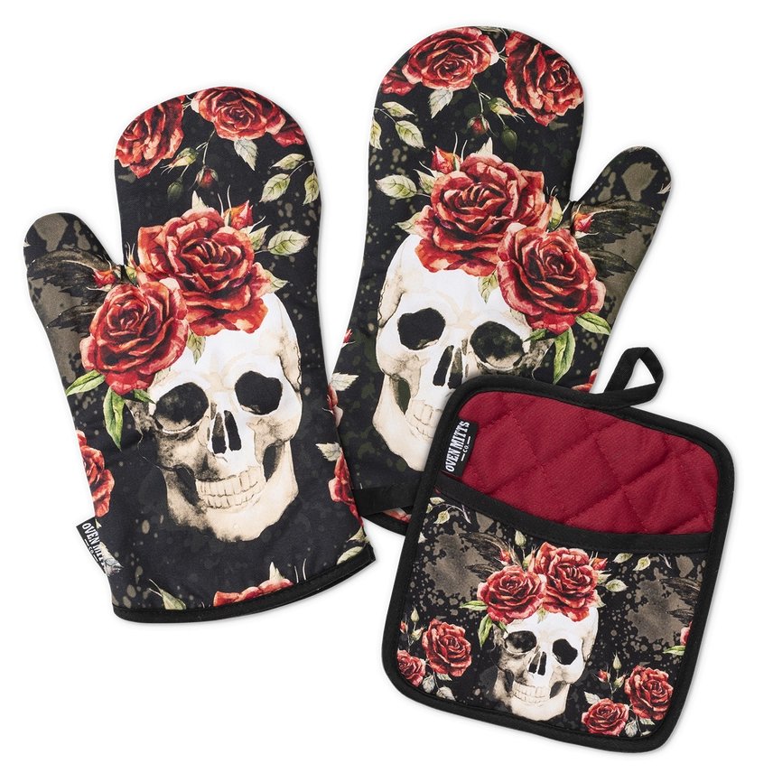 Skull with Roses Oven Mitt Set with Potholder - Jabbatheslut product image