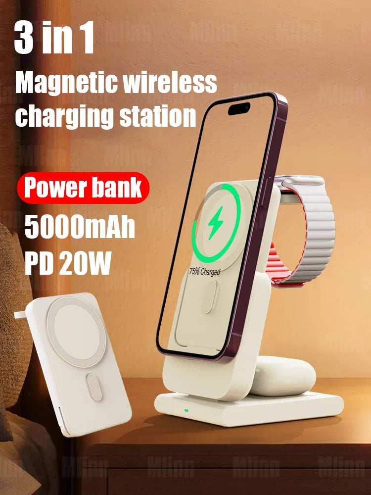 3 in 1 Magnetic Wireless Power Bank 15W Fast Charger Station Magsafe External Auxiliary Battery For iPhone 14 13 12 Apple Watch