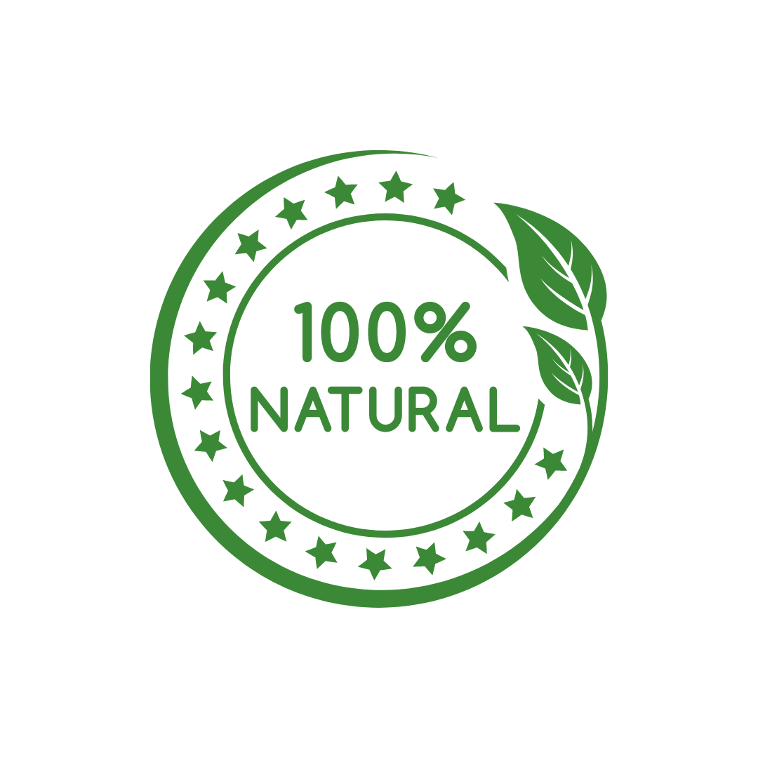 'Green 100% natural badge with stars and leaf designs.'