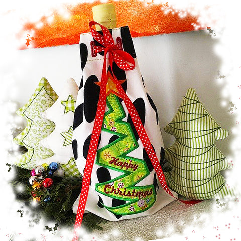 Christmas Tree Wine Bottle Bag In the hoop christmas embroidery design