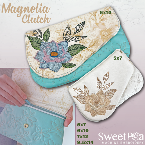 Magnolia Clutch Zipper Flap Bag made in the hoop machine embroidery design