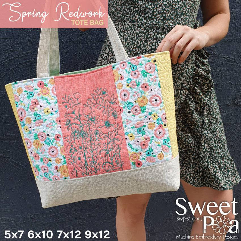 Redwork Embroidery Design In The Hoop - Spring Tote Bag