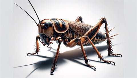 Hyper-realistic illustration of a banded cricket (Gryllodes sigillatus) prominently displayed against a monochromatic background, showcasing its distinct light to dark brown body and band patterns for educational and entomological blog posts.