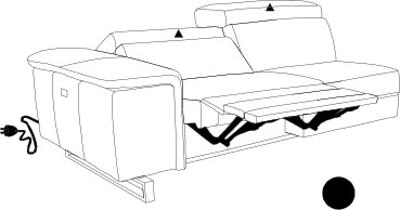 DELEBIO laterale 2-zit in leer met 1 elektrisch relaxsysteem (met kabel). Metalen sledepoot KI. Nero (Zwart). 