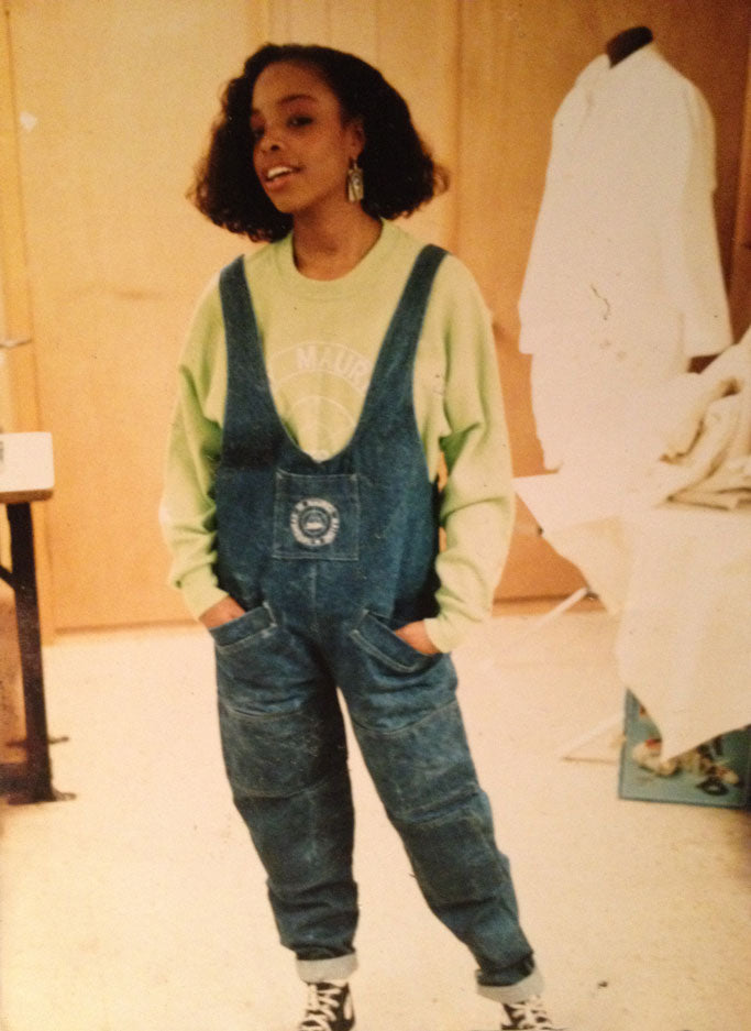 Hope Ellison wears vintage 80s denim overalls by Hardwear by Maurice Malone, one of the first black denim designers and brands