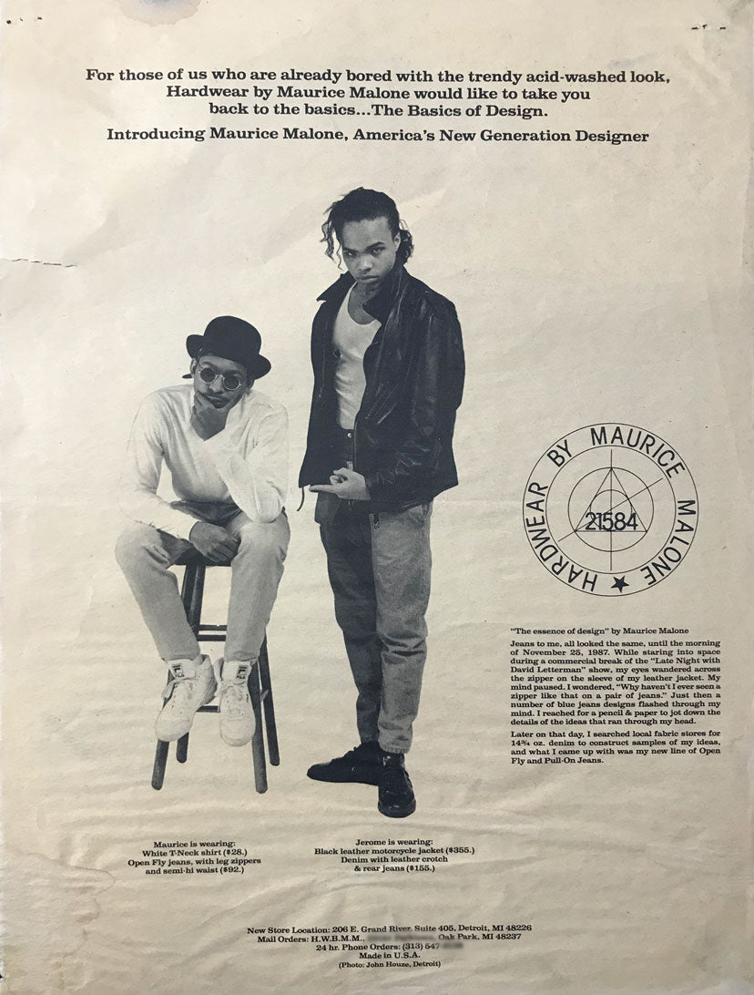 January 1988 Interview Magazine advertisement features one of the first black denim and streetwear designers Maurice Malone in his own ads with friend Jerome Mongo.