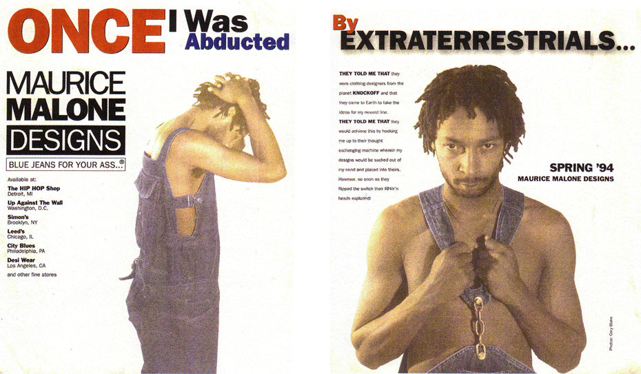 Maurice Malone wears his self-described "best overalls ever" in the iconic 90s urban streetwear advertisement titled Once I Was Abducted by Extraterrestrials, which showcases the denim designer in his renowned chain-link overalls. This photograph was taken by Cory Blake in the early 1990s in Detroit, Michigan.