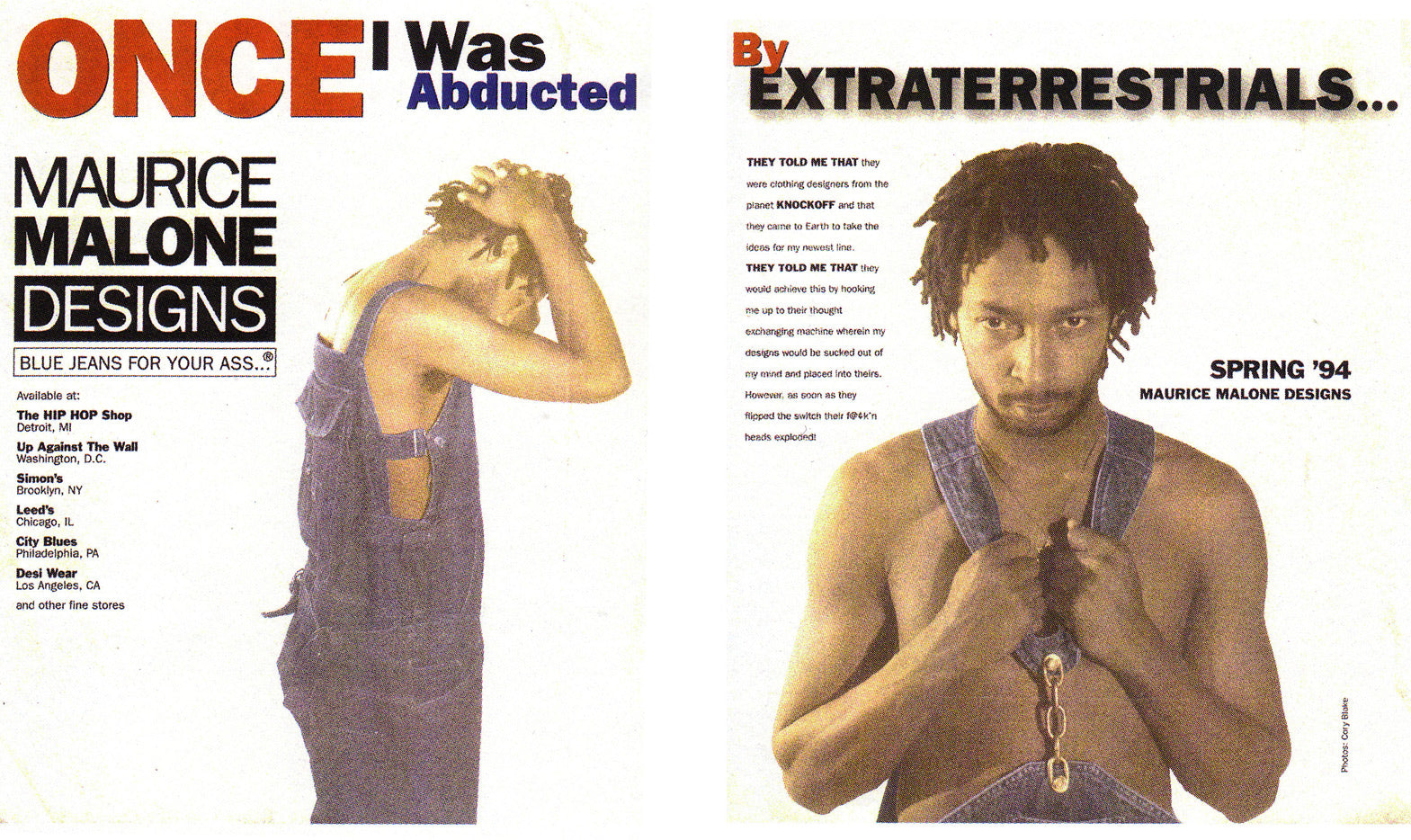 Denim designerMaurice Malone wears his brands overalls in 90s streetwear advertisement - Once I was abducted by extraterrestrials