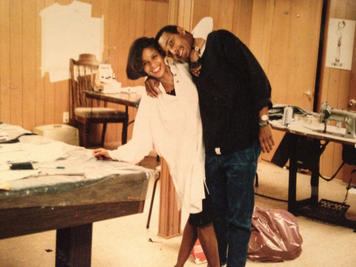 Friend Joyce Black with African American denim designer Maurice Malone, who may have started the first black-owned denim brand and been the first black denim designer of notoriety in the 1980s.