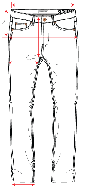 Drawing explains how to measure slim tapered fit jeans for the fit guide