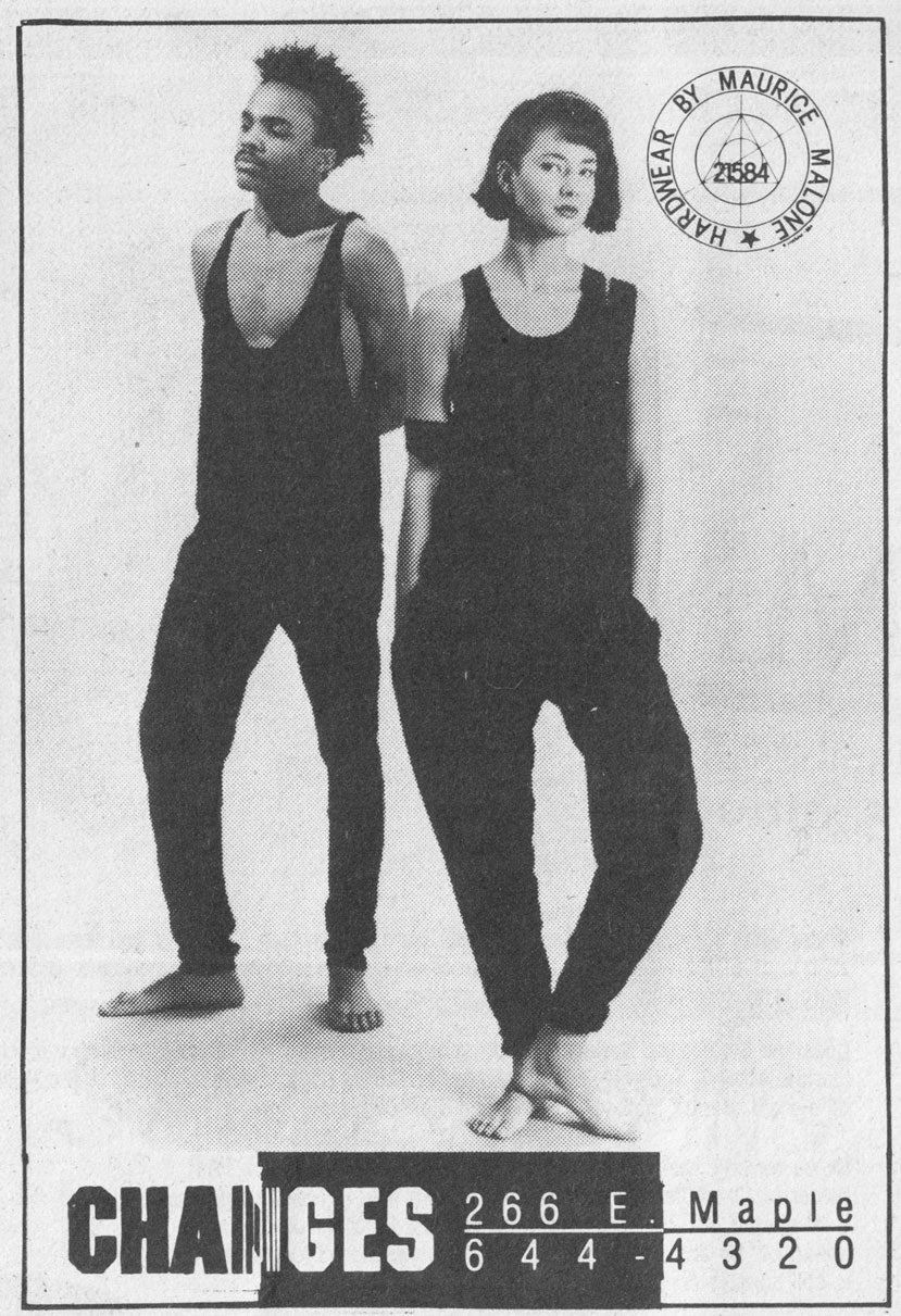 In 1987, Jerome Mongo, a male model, and female model Jennifer Packula, both wearing knit tank tops and pants by Detroit African-American fashion designer Maurice Malone, appeared in an advertisement for the 80s Birmingham, Michigan, retailer Changes. The ad was published in the March 25, 1987, issue of the Mertotimes newspaper.