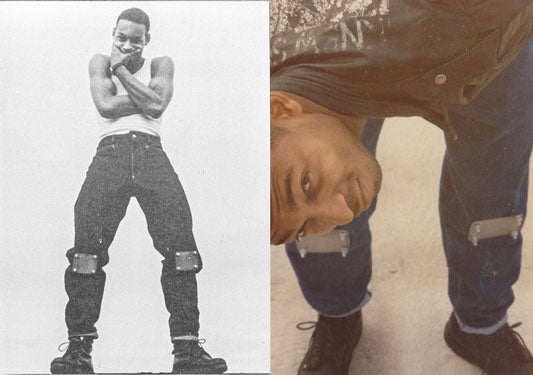 Young Maurice Malone in the 1980s wearing jeans with metal knee pads and leather jacket he designed and made by hand.