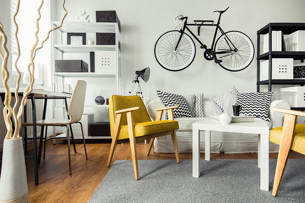 Living room with bike hanging on wall as art