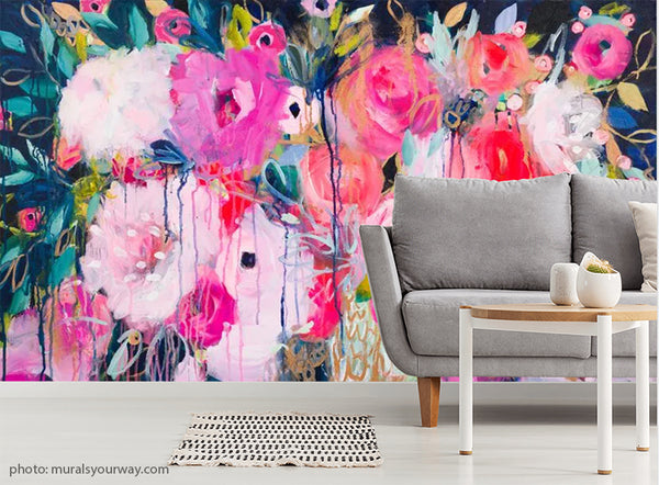 Bold colorful flower wallpaper on living room wall