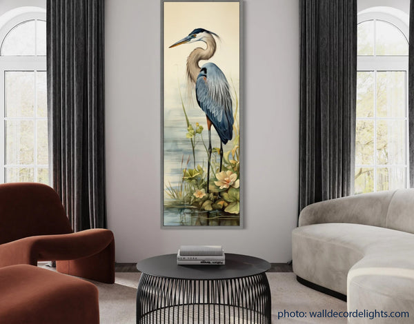 Large tall crane painting in living room