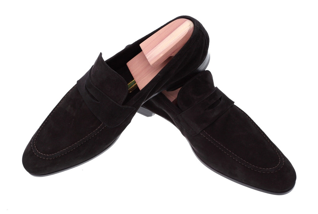 black suede penny loafers