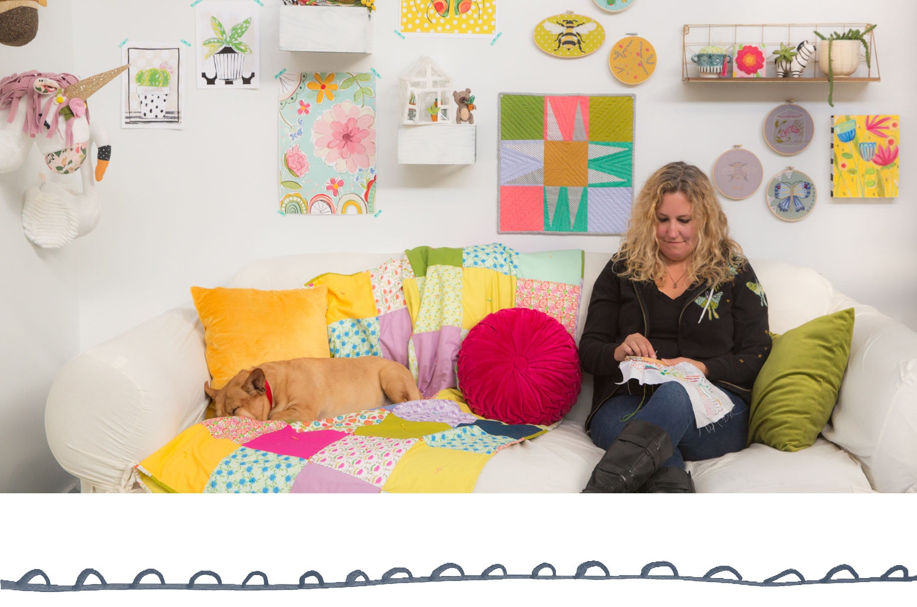 Designer Jennifer Heynen embroidering in her Athens, GA studio