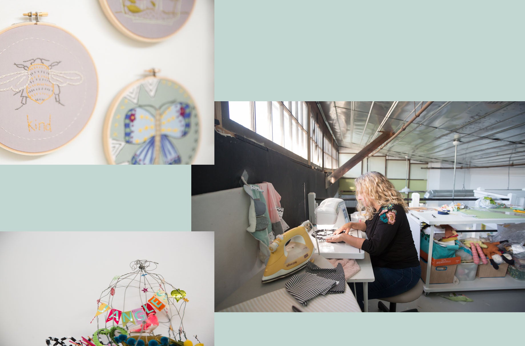 Designer Jennifer Heynen sewing in her Athens, GA studio
