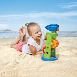 Hape Double Sand and Water Wheel is red, green, yellow, and blue and two pieces.