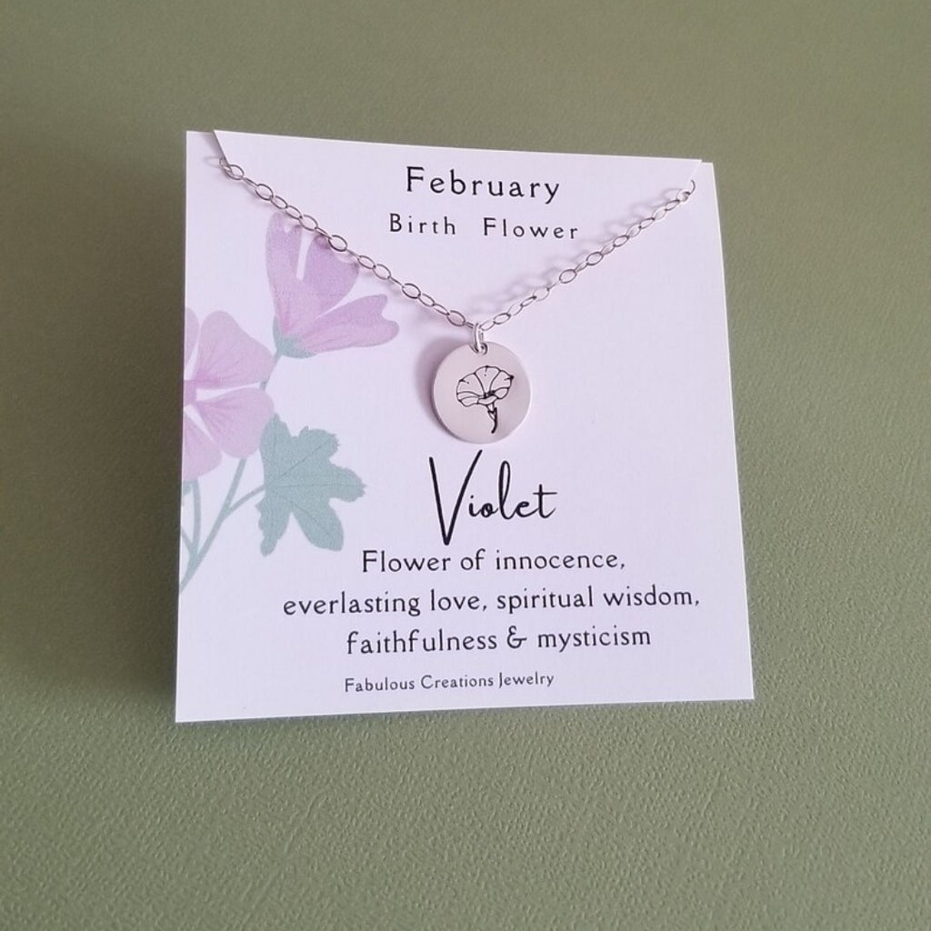 February Birth Flower, Violet Flower Necklace, Coin Necklace
