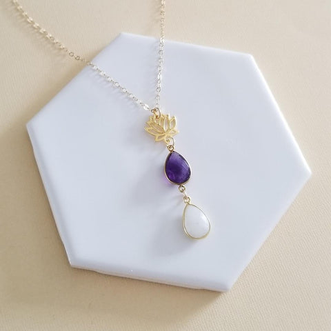 Natural Amethyst and Moonstone Necklace, Long Gemstone Pendant Necklace