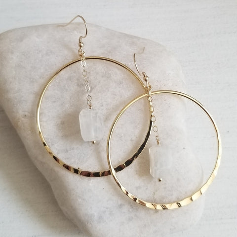 Gold Hoop Earrings with Raw Moonstone