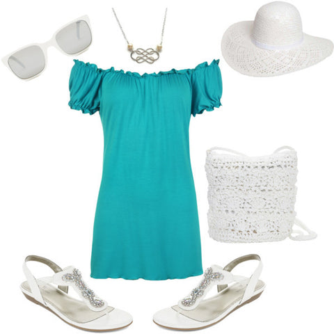 vacation outfit-Summer style-off the shoulder dress-white sandals-beach hat