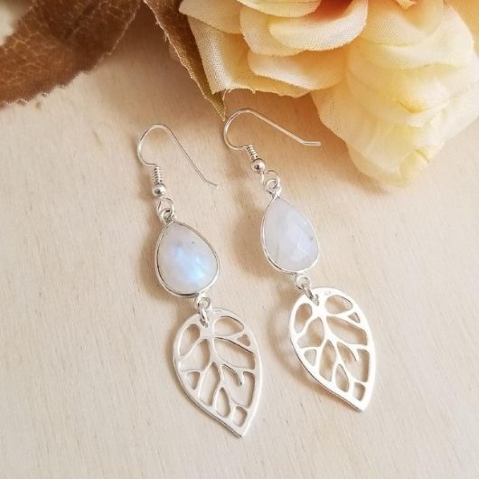 Silver Leaf And Moonstone Earrings Fall Wedding Statement