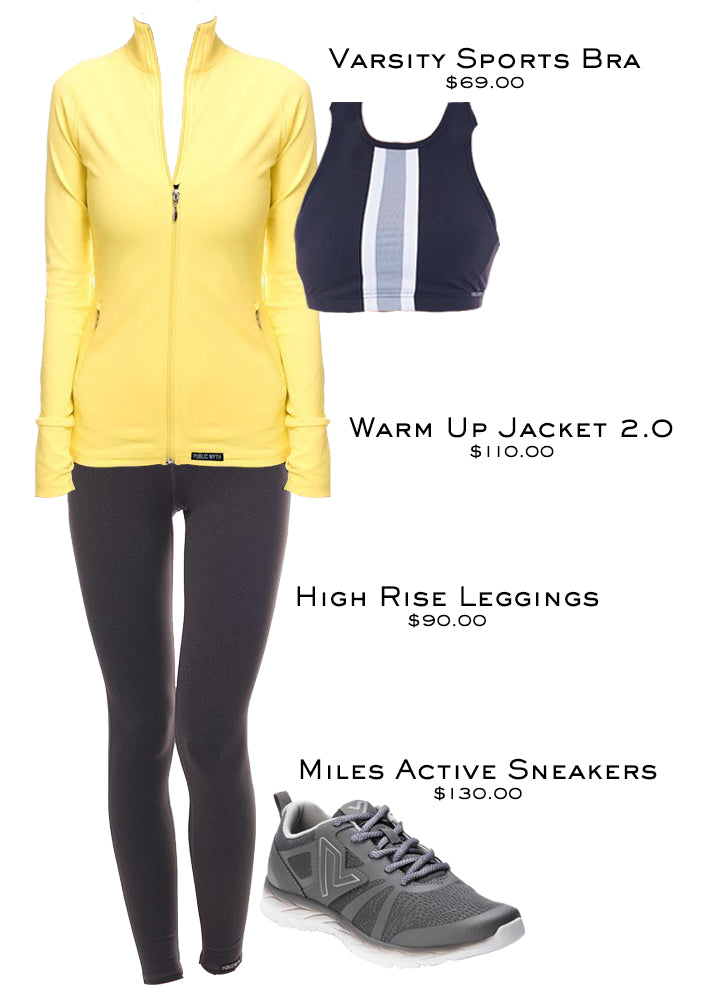 Workout outfit with leggings, sports bra, jacket, and Miles Active sneakers