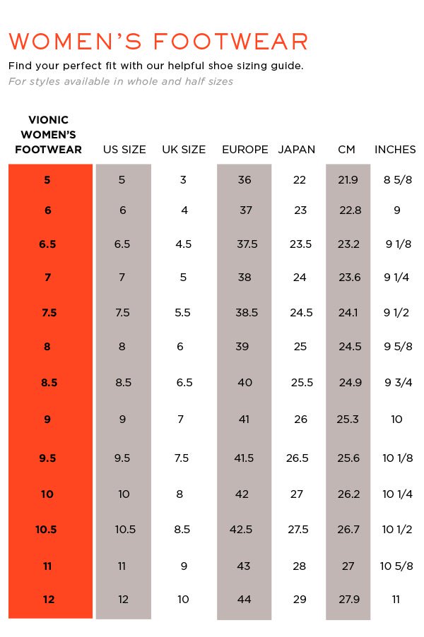 Vionic Shoes Size Chart