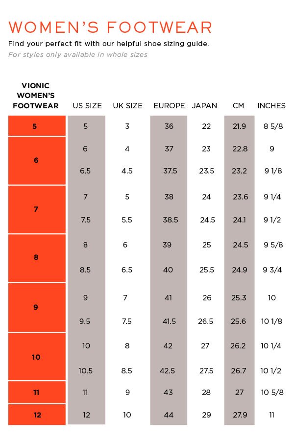 Women's Size Chart - Whole Sizes | Vionic Shoes Canada
