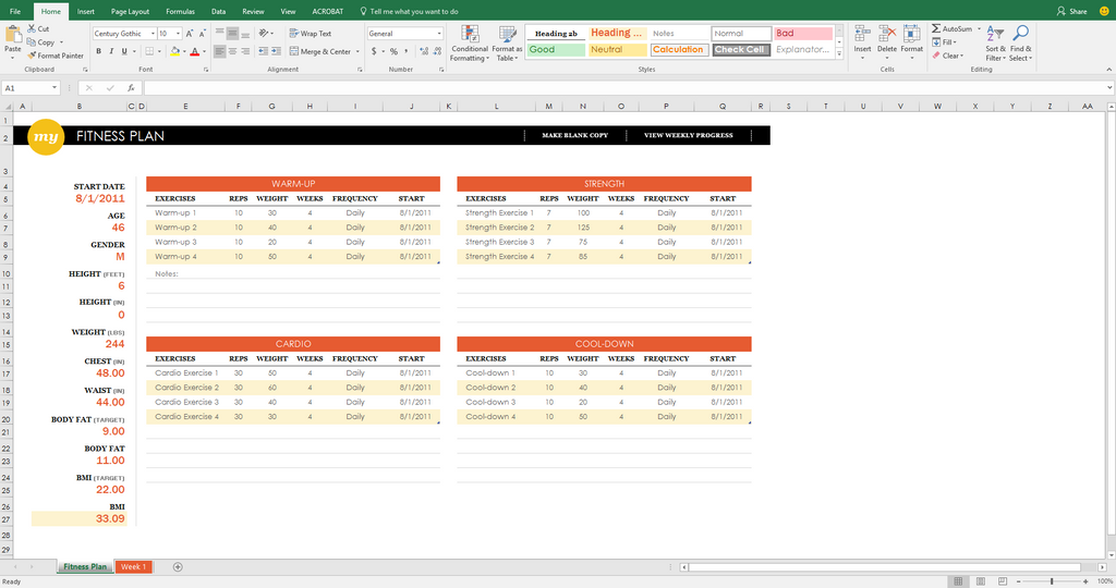 track your fitness, excel, office 365