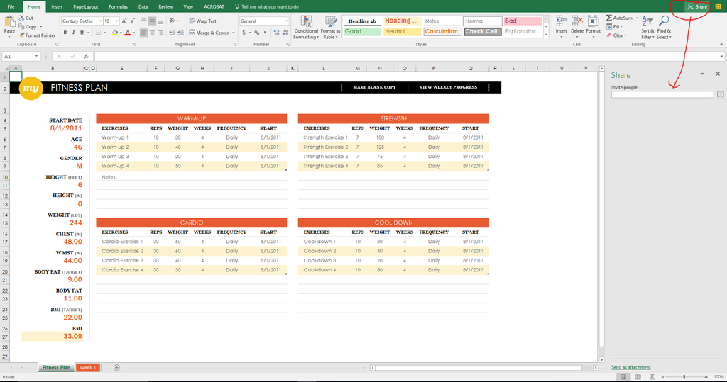 track your fitness, excel, office 365