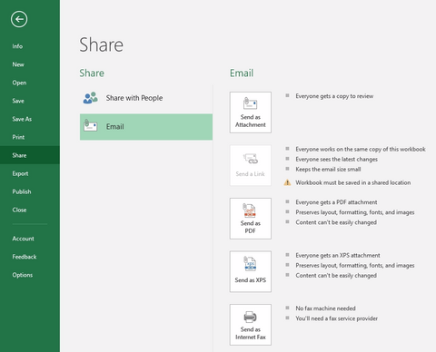 excel 2016, share through email