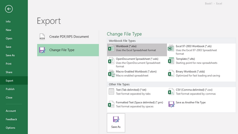 excel 2016, change file type