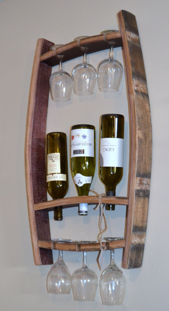 Barrel Stave Hanging Wine Bottle And Glass Holder