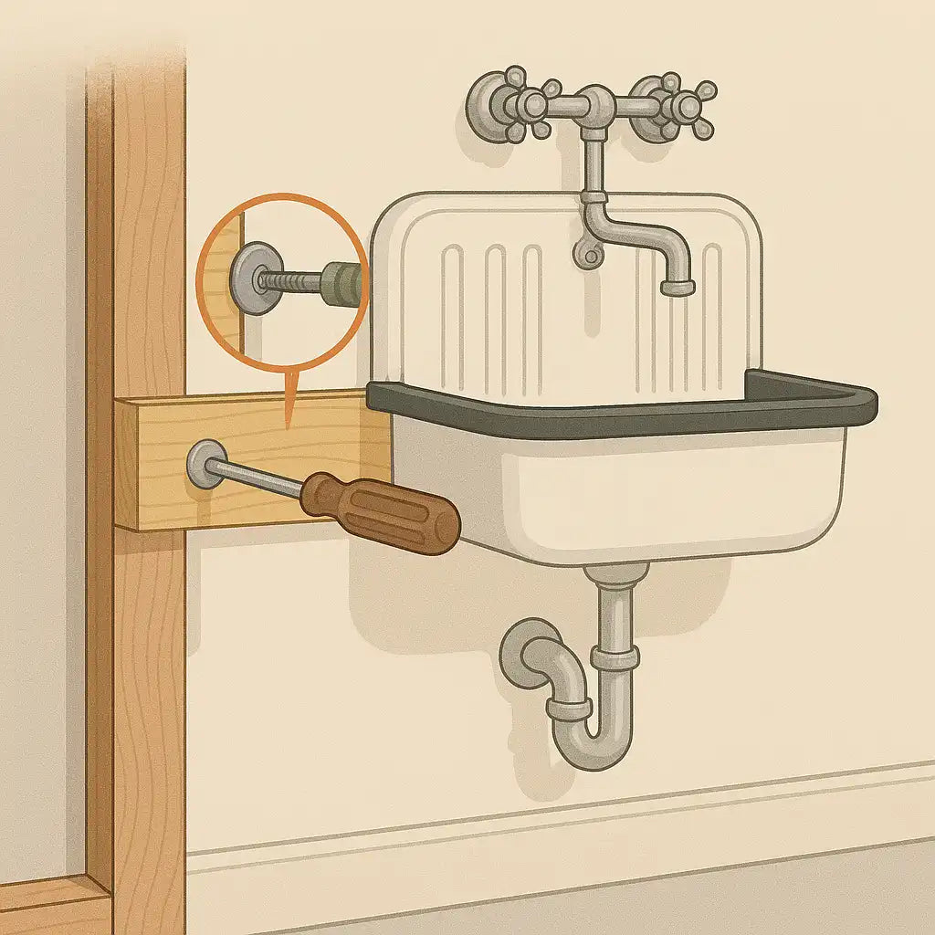 A screwdriver is used to fasten a bolt through a backing board to secure a vintage wall mount sink. |ACE DECOR