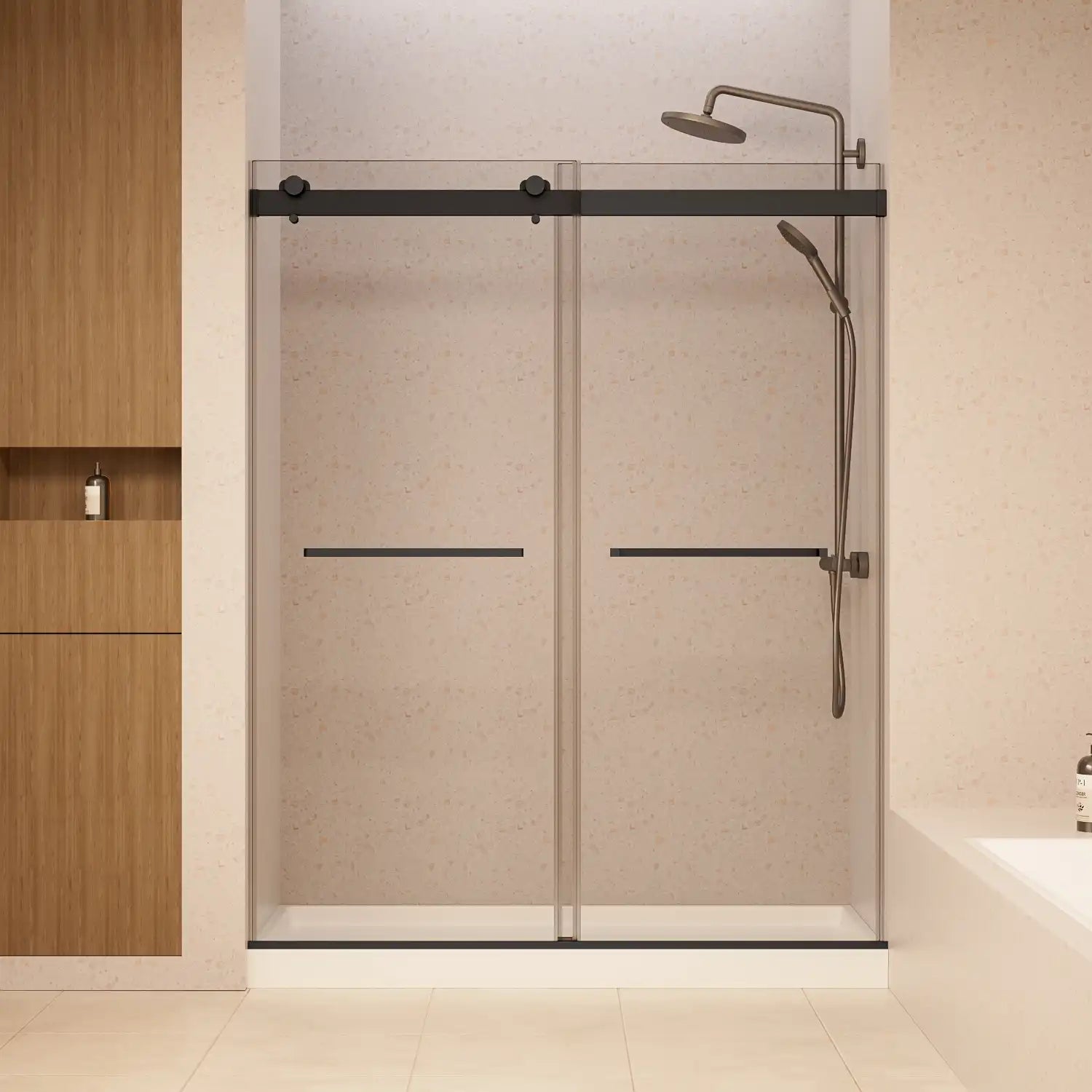 Modern bathroom shower door with black hardware, wood cabinet, and minimalist tile floor.