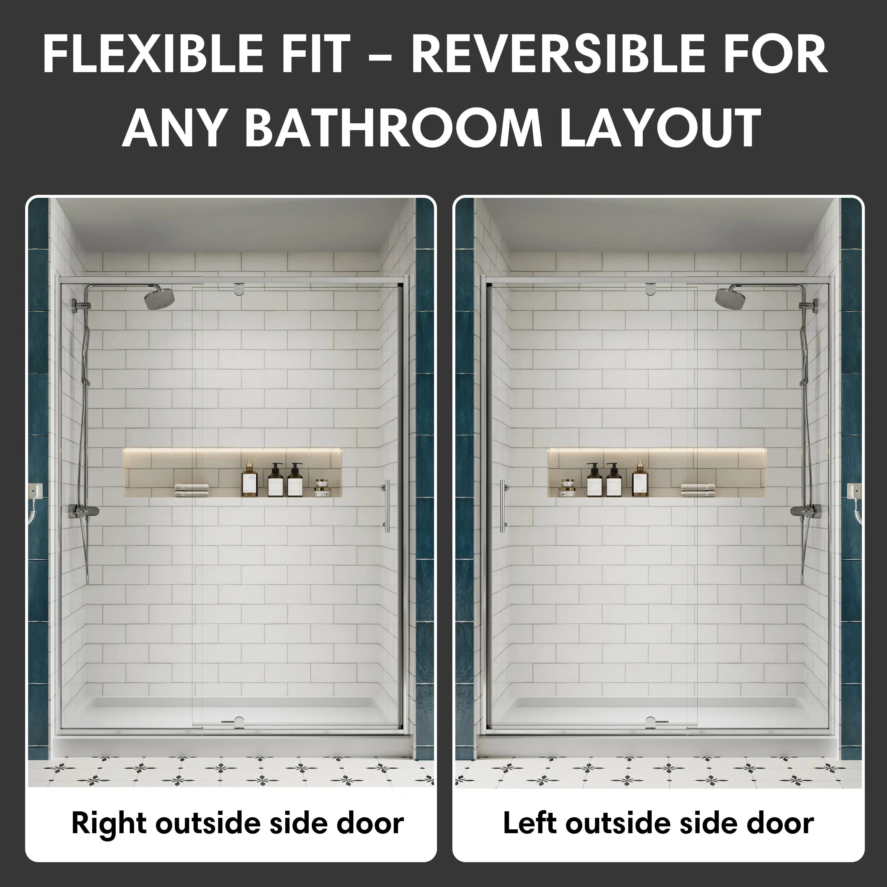 Reversible installation of pivot shower door allows left or right opening for flexible bathroom layouts | Ace Decor