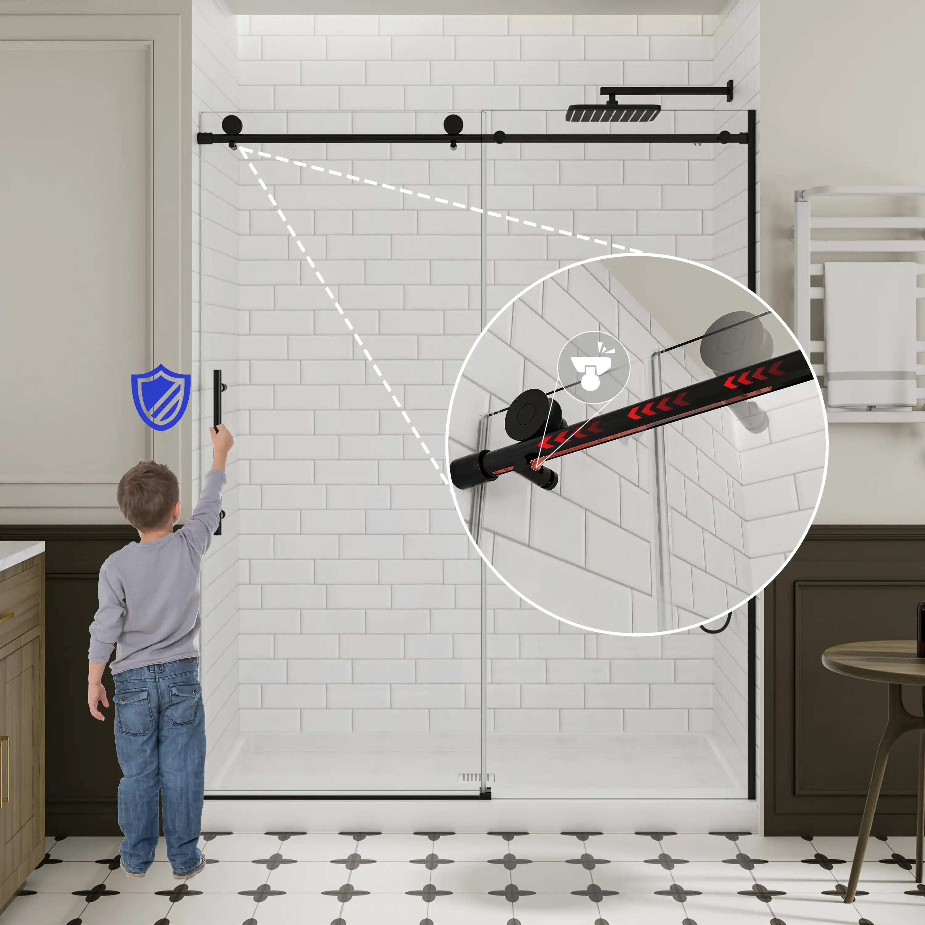 The soft-close feature of the ACE Decor 0224D shower door, preventing handpinching and ensuring a smooth, quiet closing for added safety. | ACE DECOR