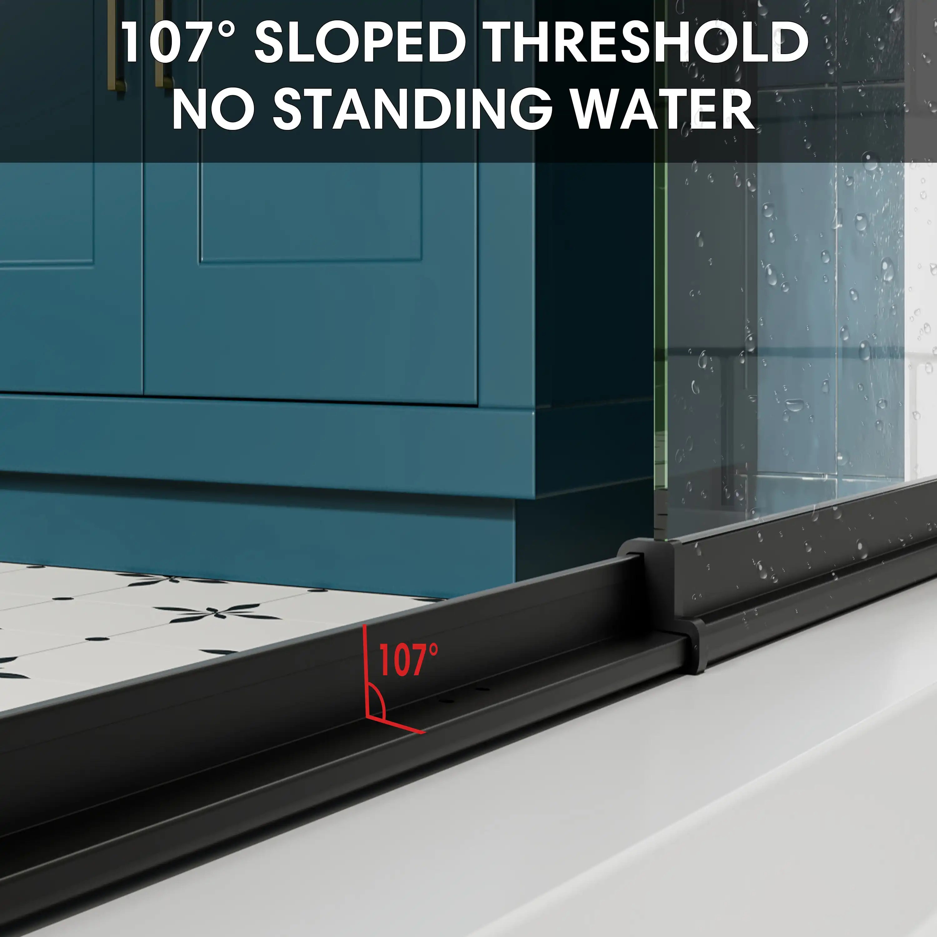 107° sloped threshold design preventing standing water for 36 x 72 36 pivot shower door with matte black frame | Ace Decor