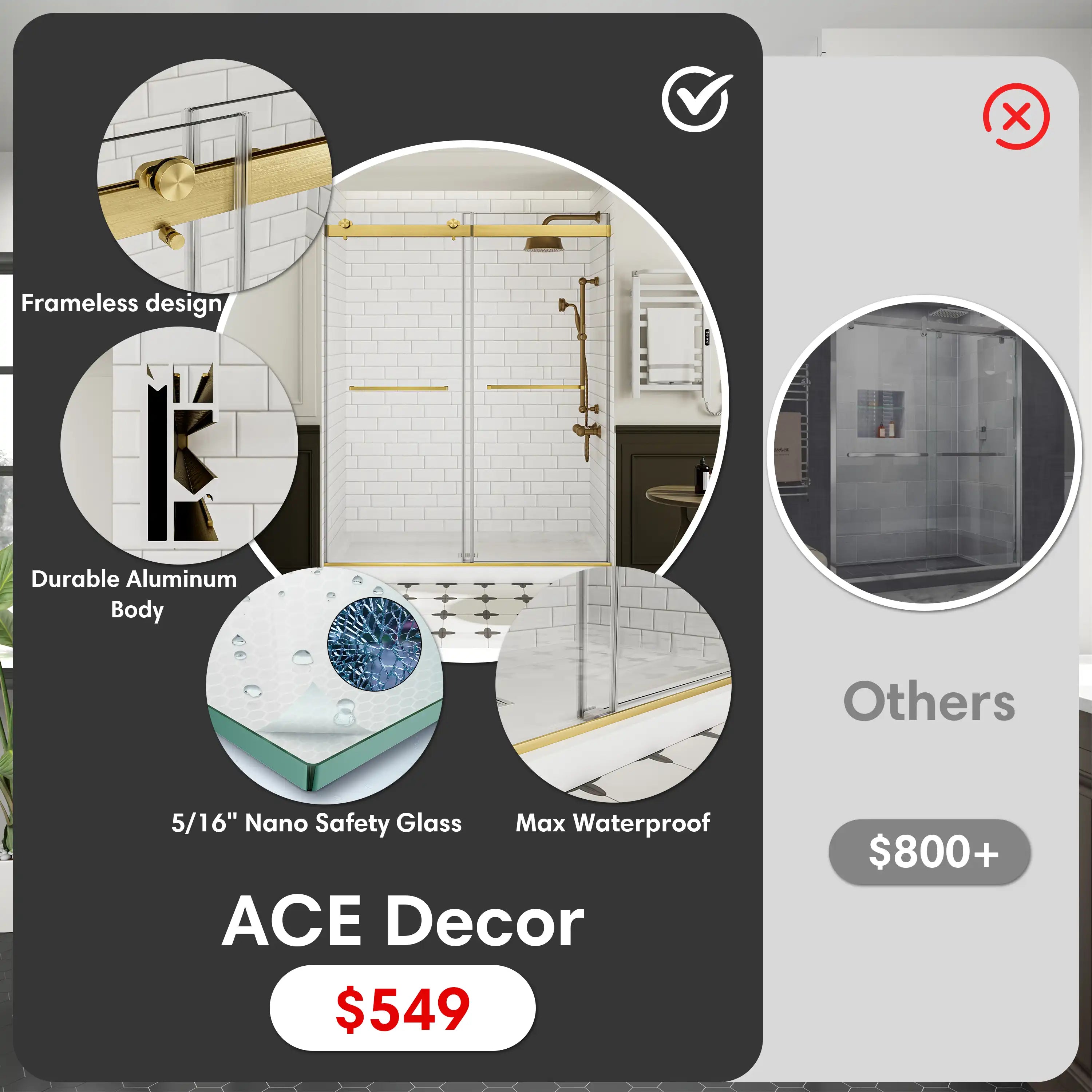 The ACE Decor 2712D bathroom shower sliding glass doors offer high-quality features at just $549, offering exceptional value compared to competitors. | ACE DECOR