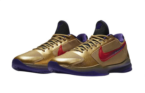 Nike Kobe 5 Protro Undefeated Hall of Fame 5 shoes in gold with bright red logo