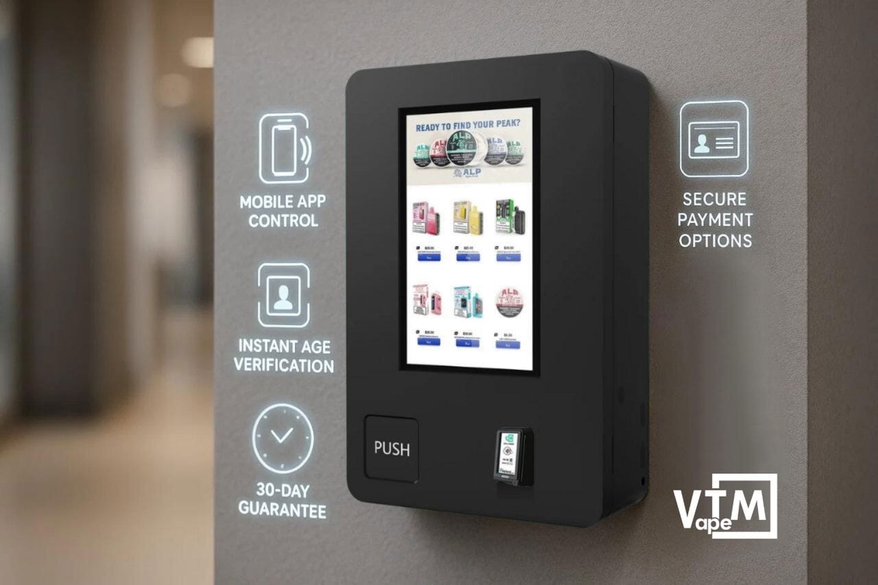 VapeTM mini wall-mounted smart vending machine displaying touchscreen product selection, mobile app control, instant age verification, secure payment options, and a 30-day satisfaction guarantee.