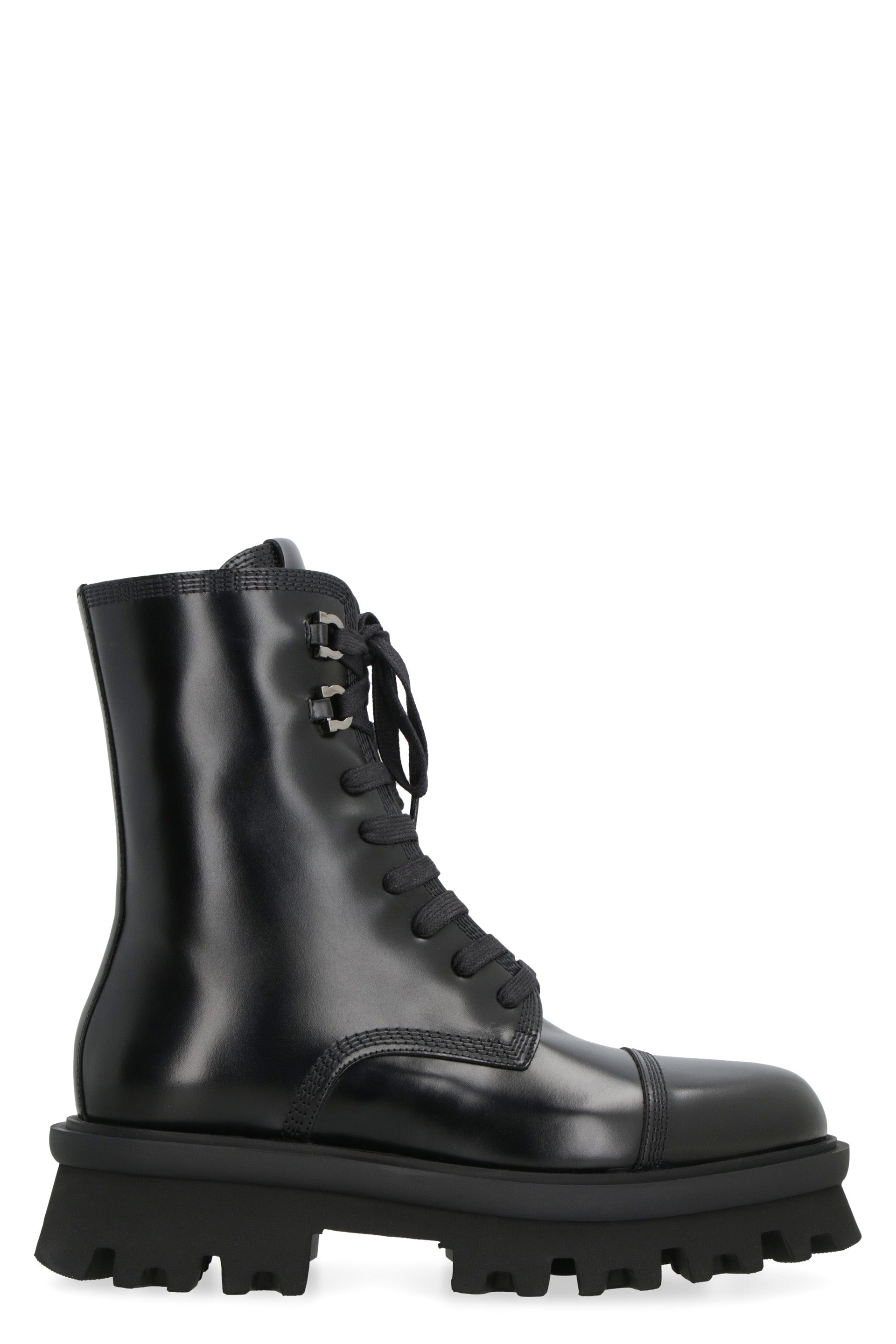 Ferragamo Combat Boots With Brushed Calfskin, Lug Sole And String Closure For Women In Black